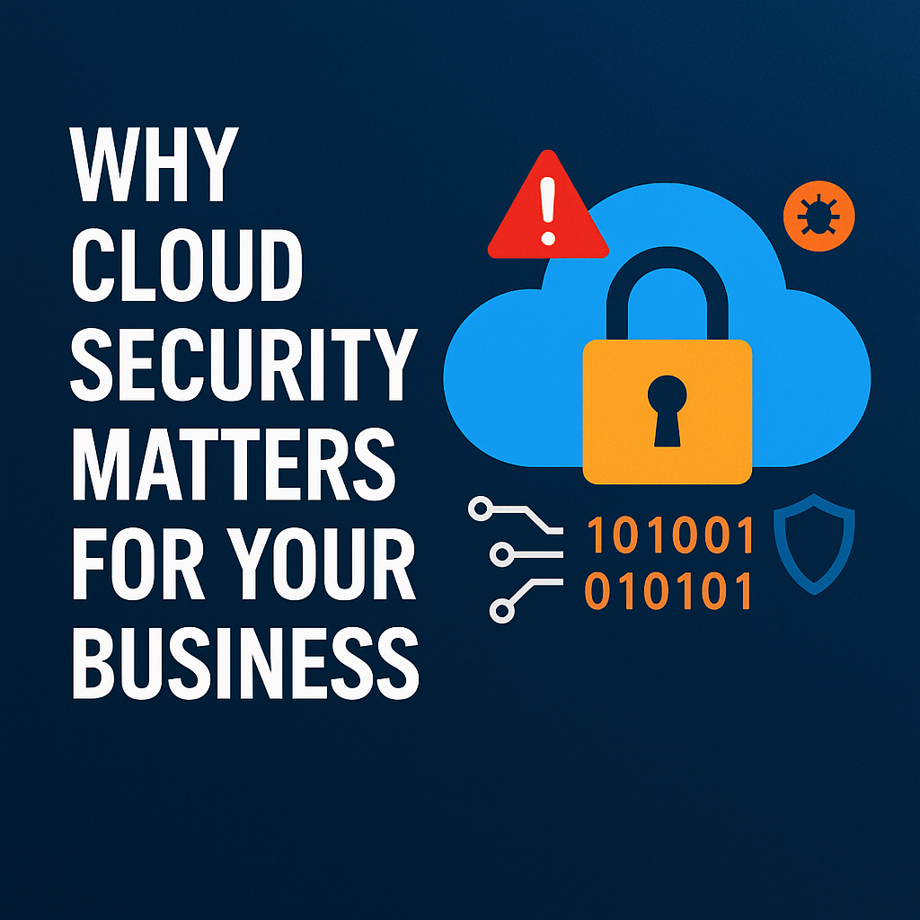 "Cloud security graphic with padlock icon and title: 'Why Cloud Security Matters for Your Business'."