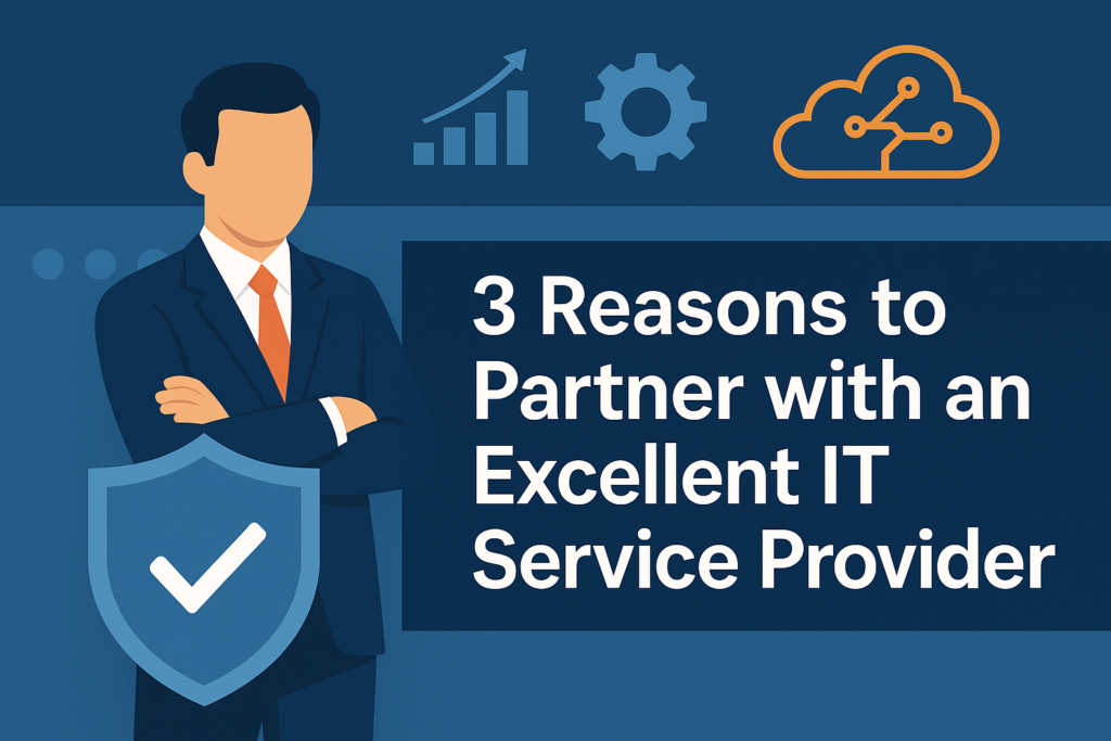Illustration of a business professional standing next to a shield icon with a checkmark, alongside the headline '3 Reasons to Partner with an Excellent IT Service Provider' and icons for growth, settings, and cloud technology.