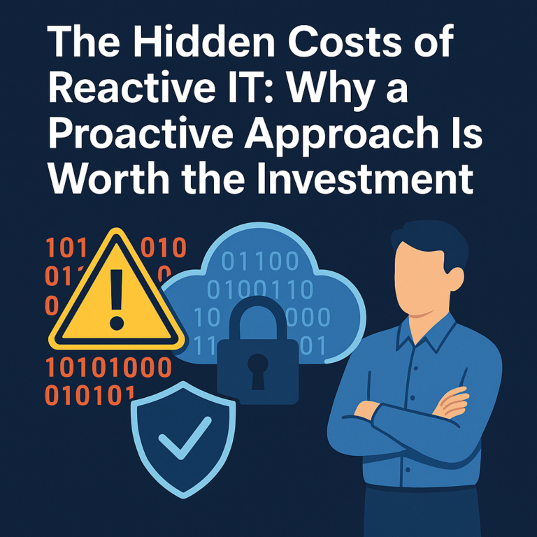 Illustration of a business professional beside icons representing cloud security, warning alerts, and data protection, with the headline 'The Hidden Costs of Reactive IT: Why a Proactive Approach Is Worth the Investment.'"