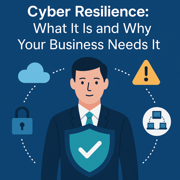 Illustration of a business professional with a shield and cybersecurity icons representing cloud, warning, network, and lock, with the headline 'Cyber Resilience: What It Is and Why Your Business Needs It.'