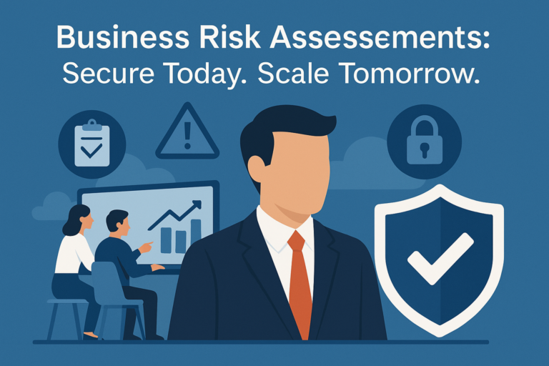 Illustration of business professionals analyzing risk data, surrounded by icons representing compliance, security, and threat detection, with the title 'Business Risk Assessments: Secure Today. Scale Tomorrow.