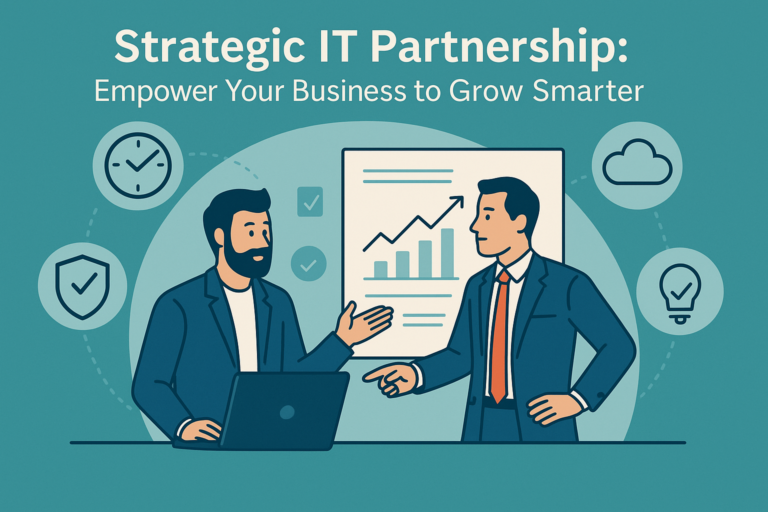 Illustration of a business team collaborating with a strategic IT partner to align technology with business growth and security goals.