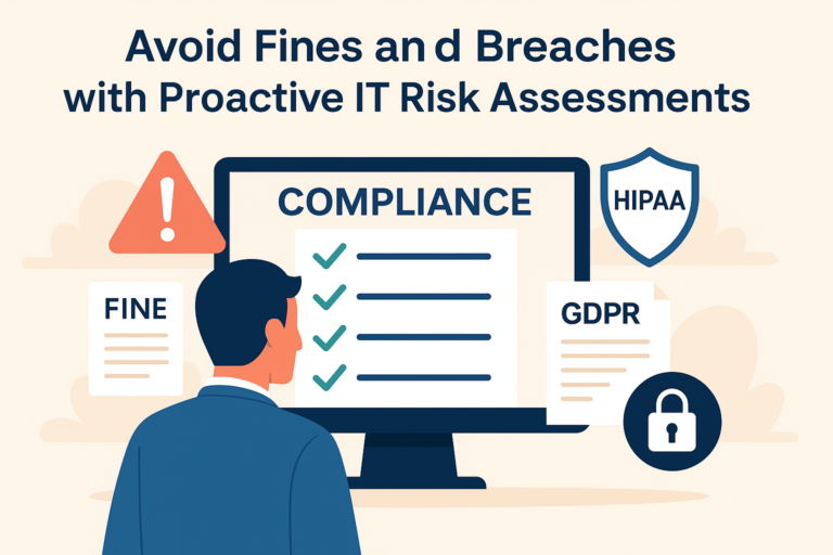 Illustration of a businessperson reviewing a compliance checklist on a monitor, surrounded by icons for HIPAA, GDPR, warning symbols, and fine notices to highlight the importance of IT risk assessments.