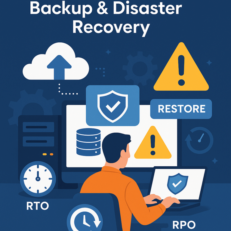 Illustration of a business professional managing a backup and disaster recovery system with cloud upload, restore button, warning signs, and icons for RTO and RPO.