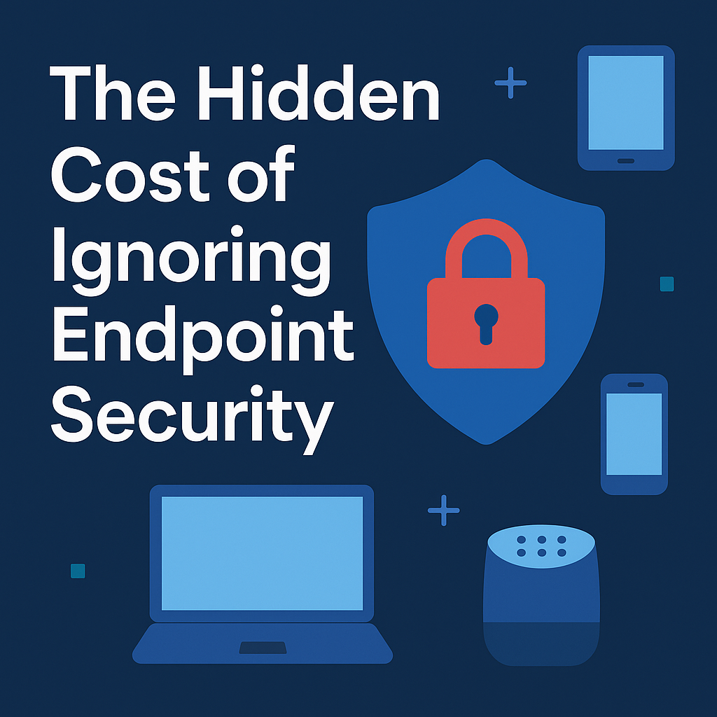 Businessperson securing laptops, phones, and tablets with shield icons.