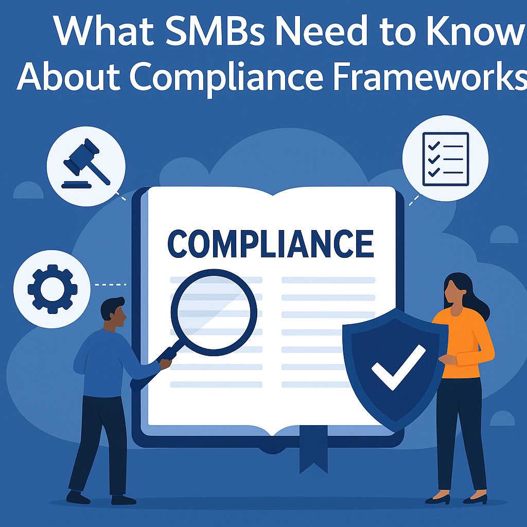 Business owner reviewing compliance frameworks and cybersecurity checklist.