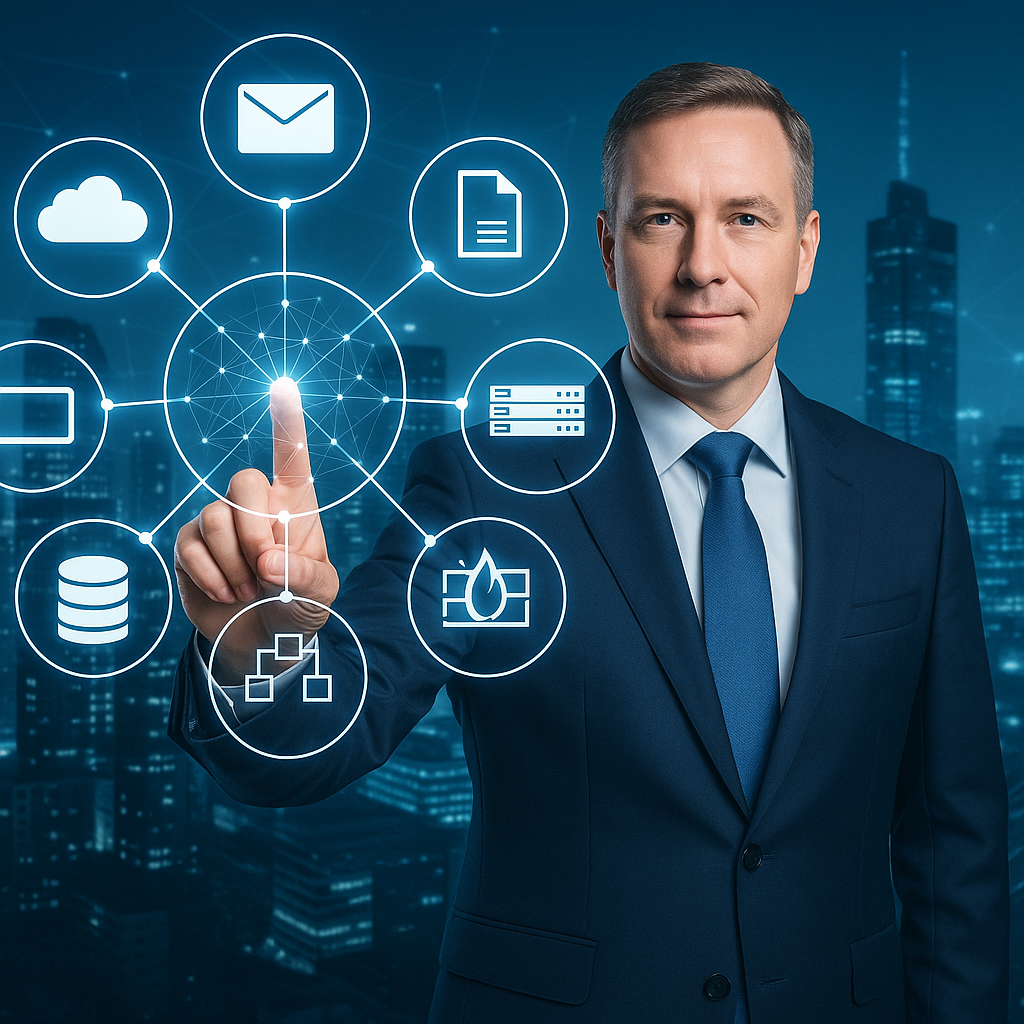 Businessman in a suit interacting with a glowing holographic network of IT service icons, set against a futuristic cityscape.
