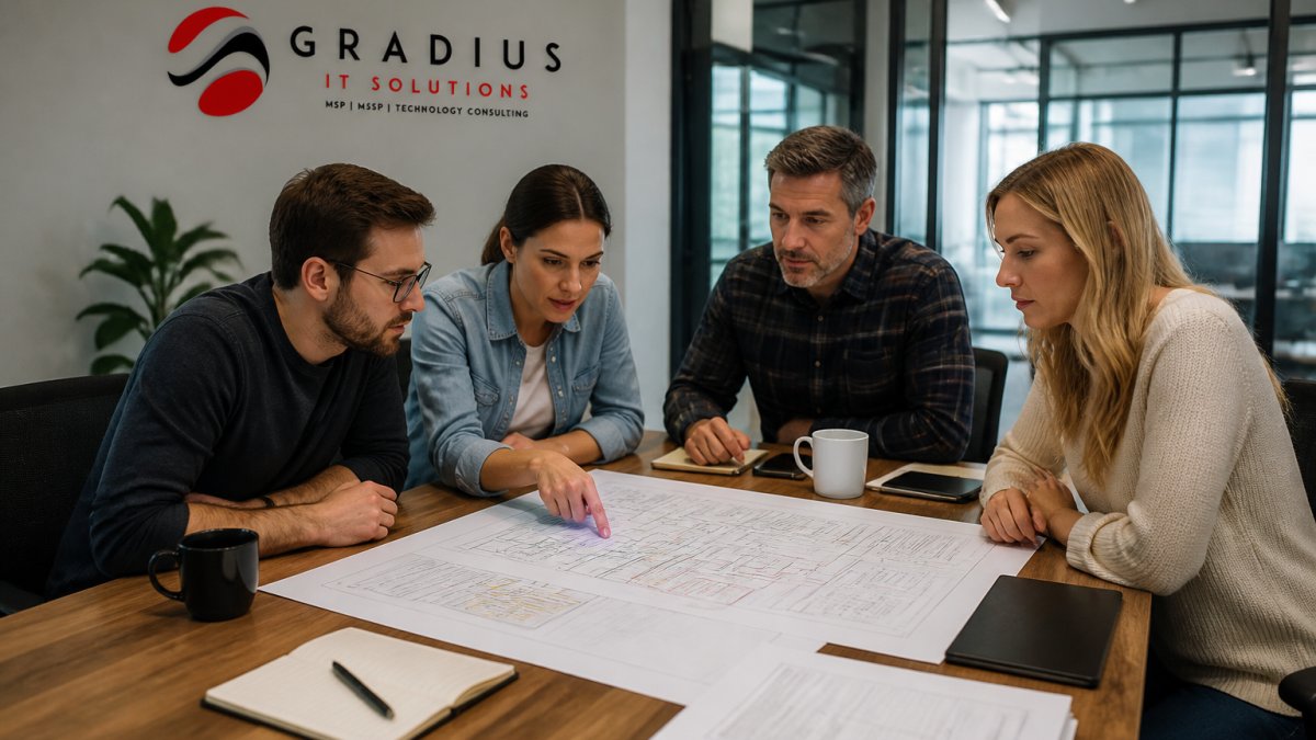 IT team reviewing network diagrams and infrastructure for best practices for seamless it migration
