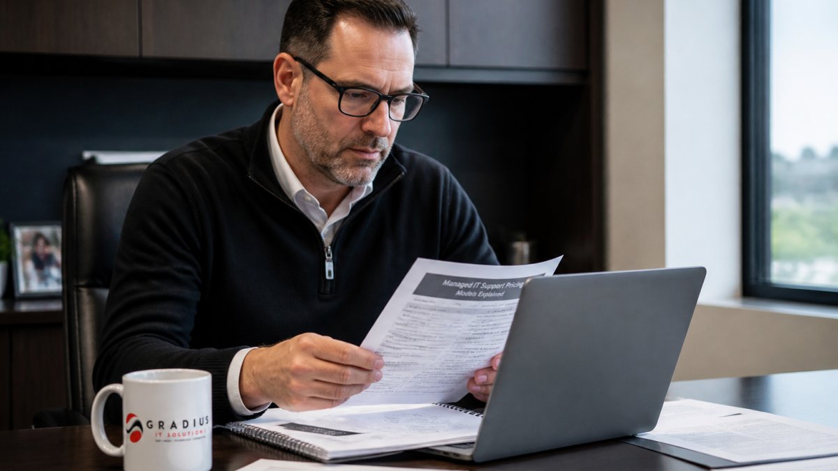 IT director reviewing managed IT support pricing models and service agreements on a laptop desk.