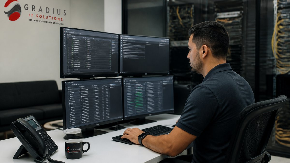 IT professional monitoring network health on multiple screens to show what to look for in managed IT services.